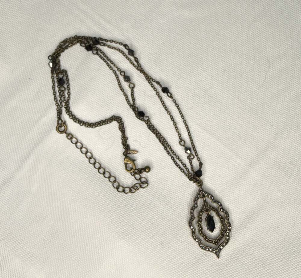 SAQ Antiqued Brass Tone Faux Marcasite and Black Rhinestone Multistrand Necklace